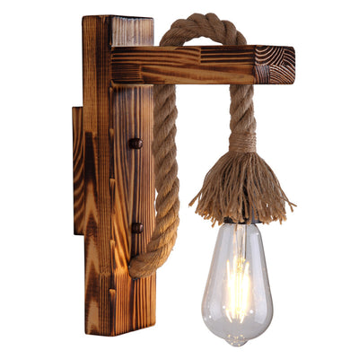 Traditional Rustic Rectangle Solid Wood Hemp Rope 1-Light Wall Sconce Lamp For Hallway