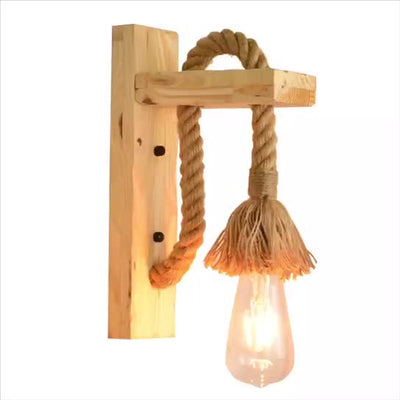 Traditional Rustic Rectangle Solid Wood Hemp Rope 1-Light Wall Sconce Lamp For Hallway