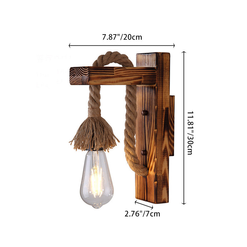 Traditional Rustic Rectangle Solid Wood Hemp Rope 1-Light Wall Sconce Lamp For Hallway