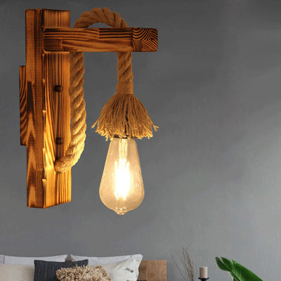 Traditional Rustic Rectangle Solid Wood Hemp Rope 1-Light Wall Sconce Lamp For Hallway