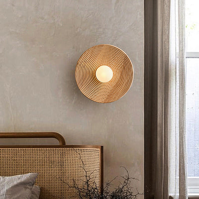 Traditional Japanese Round Ash Wood Glass 1-Light Wall Sconce Lamp For Bedroom