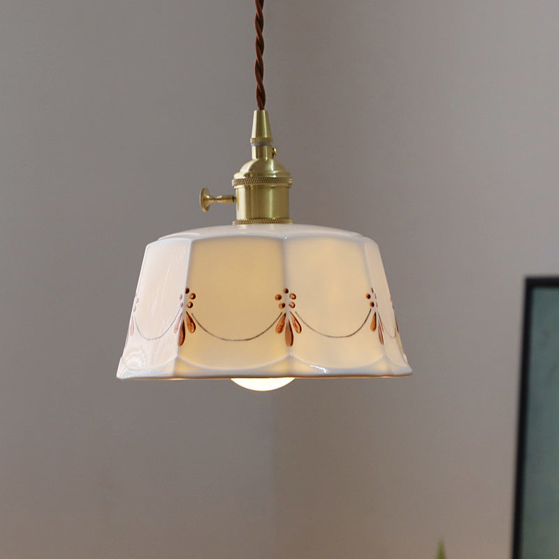 Traditional Japanese Cylinder Brass Ceramic 1-Light Pendant Light For Bedroom