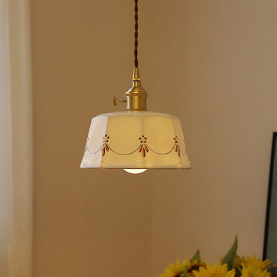 Traditional Japanese Cylinder Brass Ceramic 1-Light Pendant Light For Bedroom