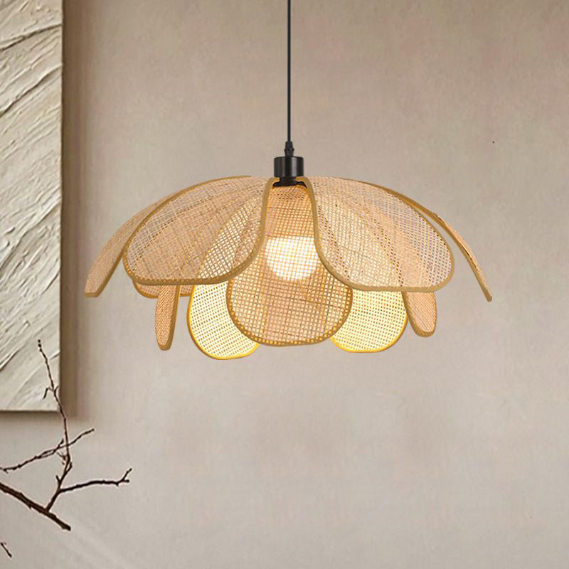 Traditional Japanese Flower Petal Metal Rattan Iron 1-Light Pendant Light For Living Room