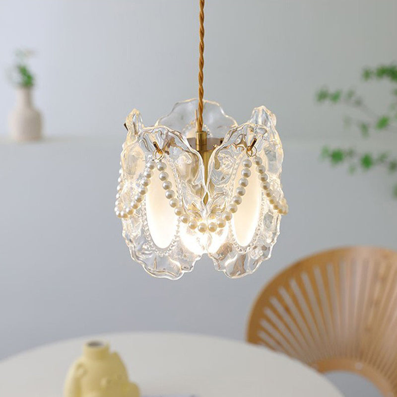 Traditional French Flower Iron Glass Pearl 1-Light Pendant Light For Bedroom