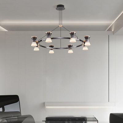 Moderner minimalistischer runder LED-Kronleuchter aus Metall, Aluminium und Acryl für Wohnzimmer 