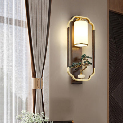 Traditional Chinese Gourd Rectangle Walnut Copper Glass 1-Light Wall Sconce Lamp For Bedroom