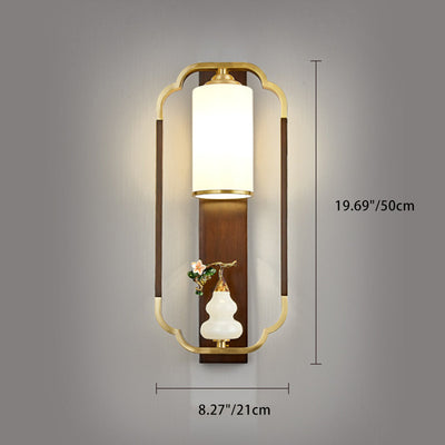 Traditional Chinese Gourd Rectangle Walnut Copper Glass 1-Light Wall Sconce Lamp For Bedroom