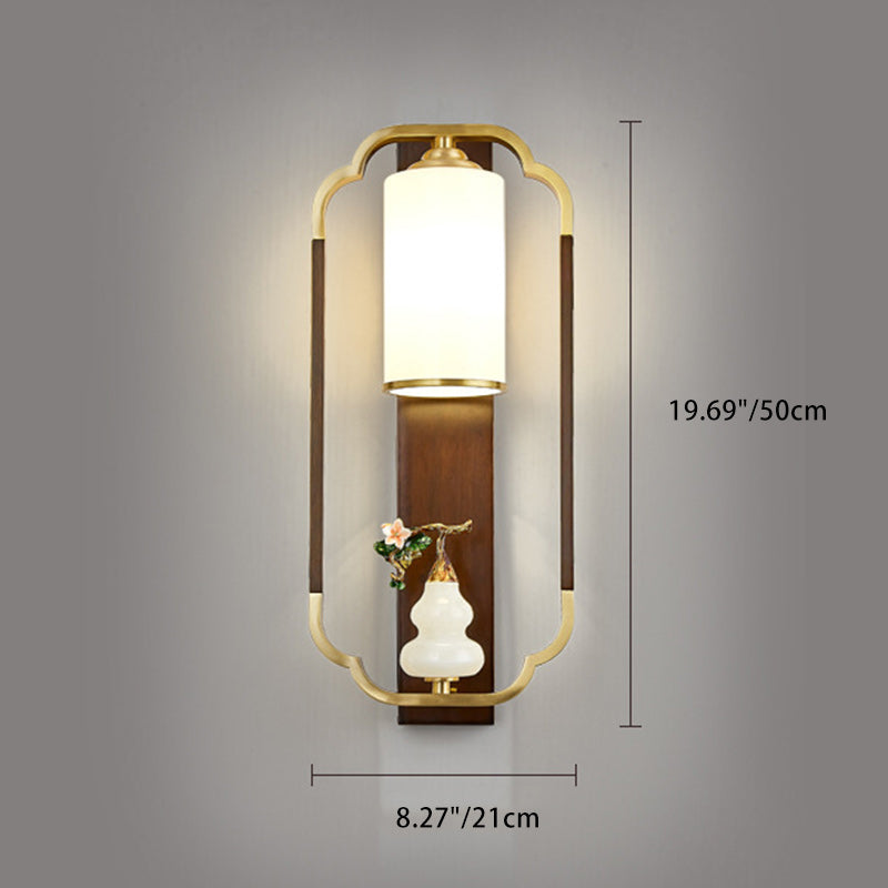 Traditional Chinese Gourd Rectangle Walnut Copper Glass 1-Light Wall Sconce Lamp For Bedroom