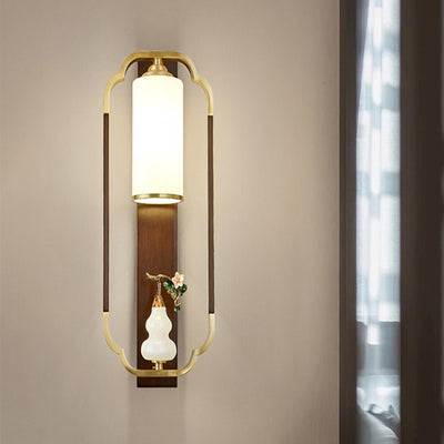 Traditional Chinese Gourd Rectangle Walnut Copper Glass 1-Light Wall Sconce Lamp For Bedroom