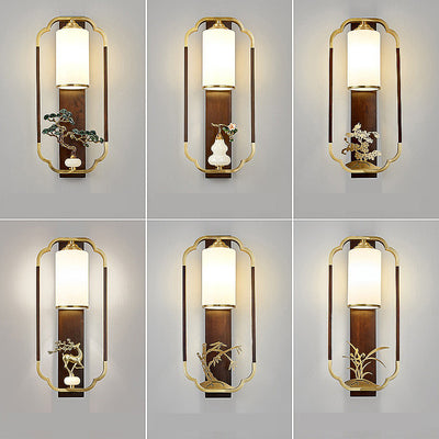 Traditional Chinese Gourd Rectangle Walnut Copper Glass 1-Light Wall Sconce Lamp For Bedroom