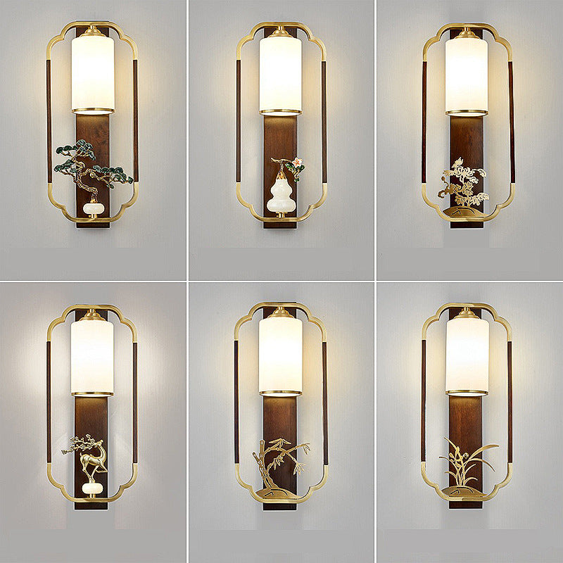 Traditional Chinese Gourd Rectangle Walnut Copper Glass 1-Light Wall Sconce Lamp For Bedroom