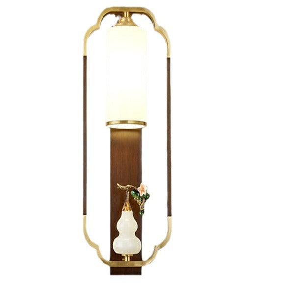 Traditional Chinese Gourd Rectangle Walnut Copper Glass 1-Light Wall Sconce Lamp For Bedroom