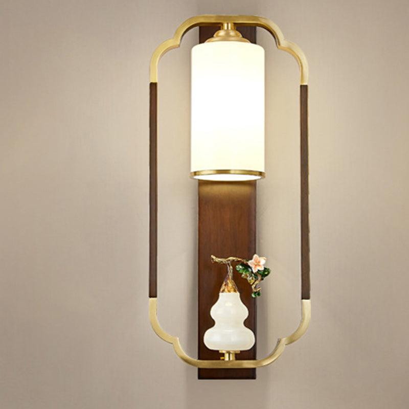 Traditional Chinese Gourd Rectangle Walnut Copper Glass 1-Light Wall Sconce Lamp For Bedroom