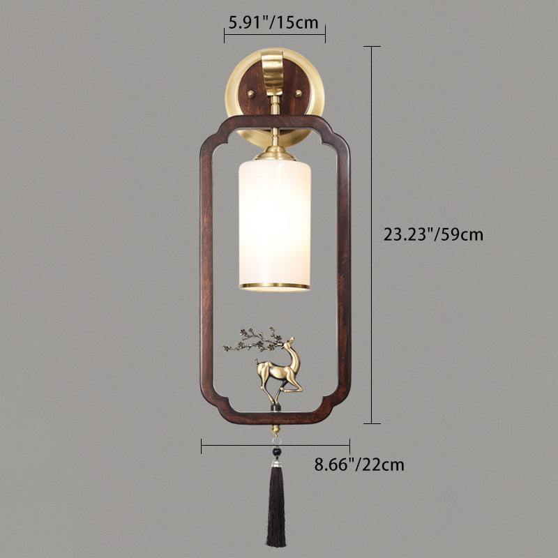 Traditional Chinese Gourd Rectangle Walnut Copper Glass 1-Light Wall Sconce Lamp For Bedroom