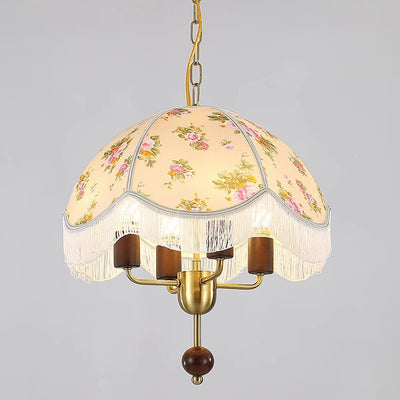 Traditional French Dome Fabric Iron Solid Wood 4-Light Pendant Light For Bedroom