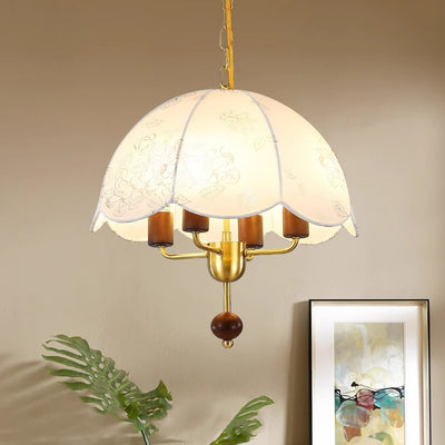 Traditional French Dome Fabric Iron Solid Wood 4-Light Pendant Light For Bedroom