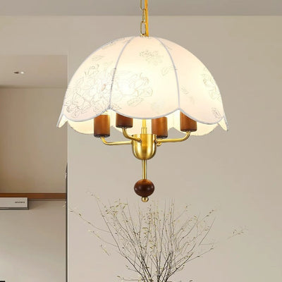 Traditional French Dome Fabric Iron Solid Wood 4-Light Pendant Light For Bedroom