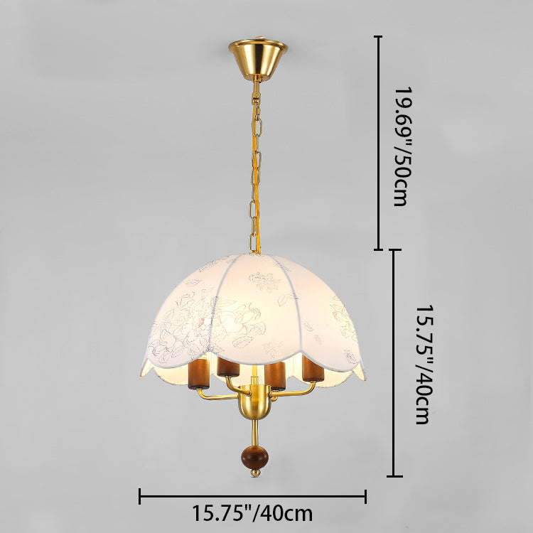 Traditional French Dome Fabric Iron Solid Wood 4-Light Pendant Light For Bedroom