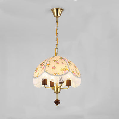 Traditional French Dome Fabric Iron Solid Wood 4-Light Pendant Light For Bedroom