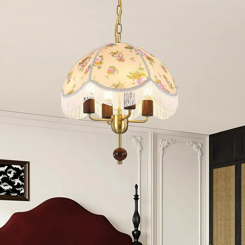 Traditional French Dome Fabric Iron Solid Wood 4-Light Pendant Light For Bedroom