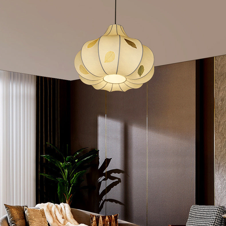 Traditional Japanese Dome Iron Fabric 1-Light Pendant Light For Living Room