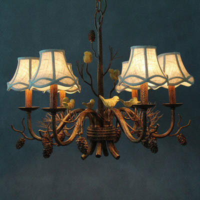 Traditional Rustic Birds Iron Fabric 3/6 Light Chandelier For Living Room