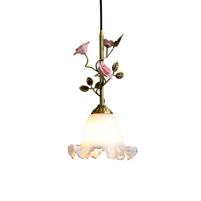 Traditional French Flower Brass Ceramic Glass 1-Light Pendant Light For Bedroom