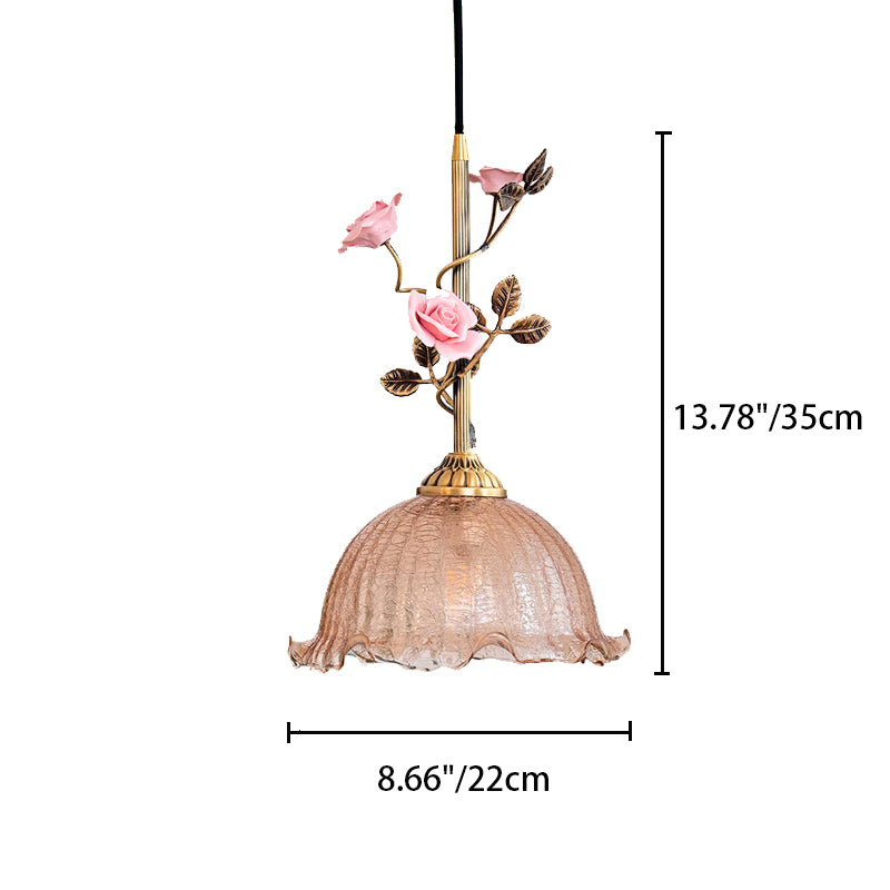 Traditional French Flower Brass Ceramic Glass 1-Light Pendant Light For Bedroom