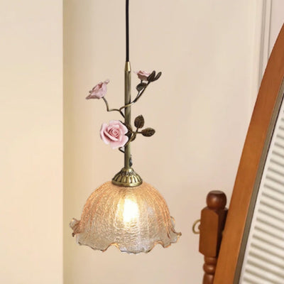 Traditional French Flower Brass Ceramic Glass 1-Light Pendant Light For Bedroom