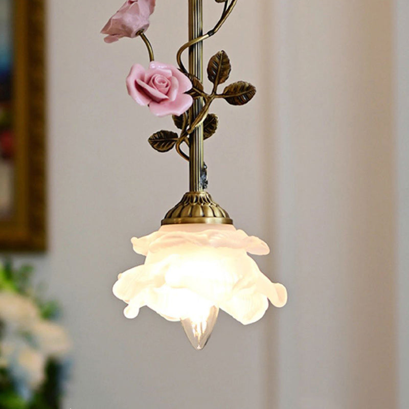 Traditional French Flower Brass Ceramic Glass 1-Light Pendant Light For Bedroom