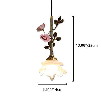 Traditional French Flower Brass Ceramic Glass 1-Light Pendant Light For Bedroom