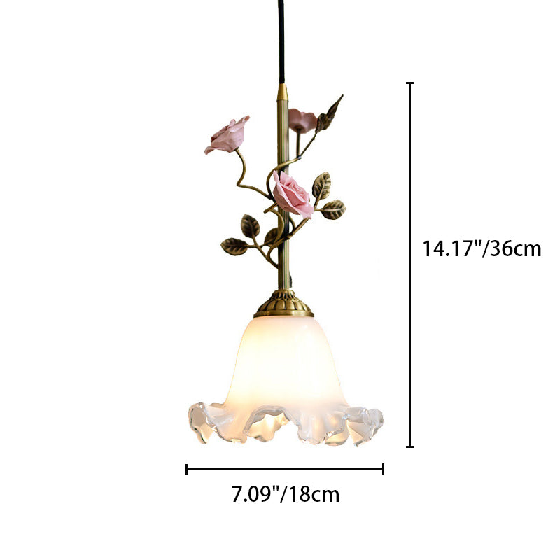 Traditional French Flower Brass Ceramic Glass 1-Light Pendant Light For Bedroom