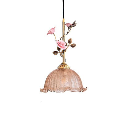 Traditional French Flower Brass Ceramic Glass 1-Light Pendant Light For Bedroom