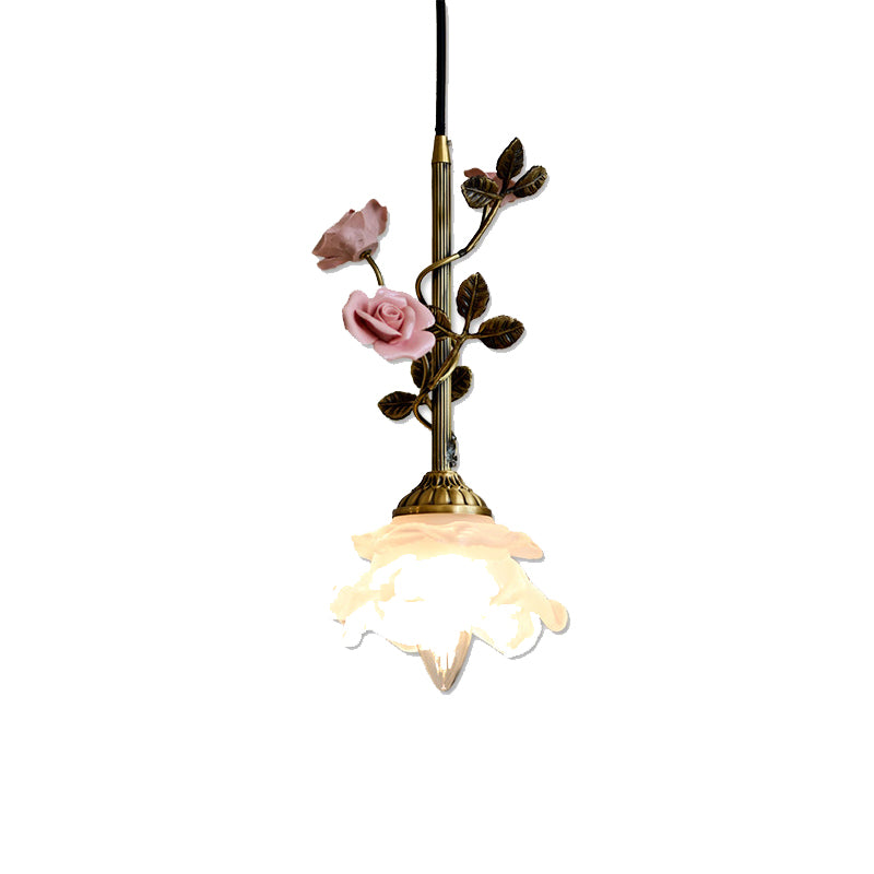 Traditional French Flower Brass Ceramic Glass 1-Light Pendant Light For Bedroom