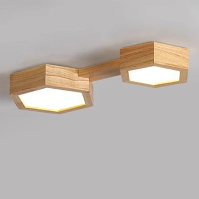 Modern Minimalist Hexagonal Solid Wood Metal LED Flush Mount Ceiling Light For Bedroom