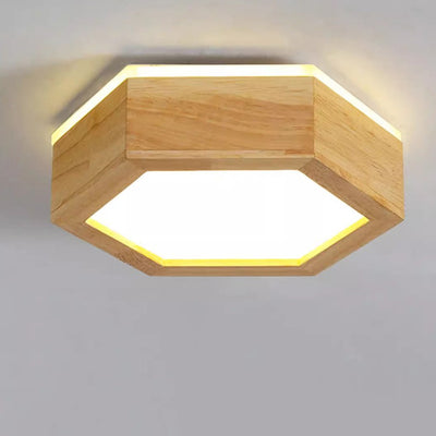 Modern Minimalist Hexagonal Solid Wood Metal LED Flush Mount Ceiling Light For Bedroom