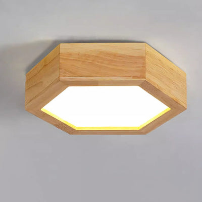 Modern Minimalist Hexagonal Solid Wood Metal LED Flush Mount Ceiling Light For Bedroom