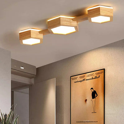 Modern Minimalist Hexagonal Solid Wood Metal LED Flush Mount Ceiling Light For Bedroom