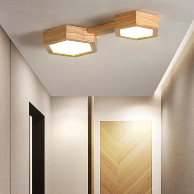 Modern Minimalist Hexagonal Solid Wood Metal LED Flush Mount Ceiling Light For Bedroom