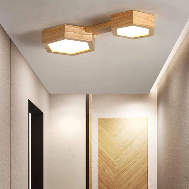 Modern Minimalist Hexagonal Solid Wood Metal LED Flush Mount Ceiling Light For Bedroom