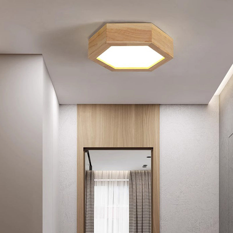 Modern Minimalist Hexagonal Solid Wood Metal LED Flush Mount Ceiling Light For Bedroom