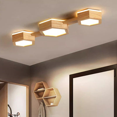 Modern Minimalist Hexagonal Solid Wood Metal LED Flush Mount Ceiling Light For Bedroom