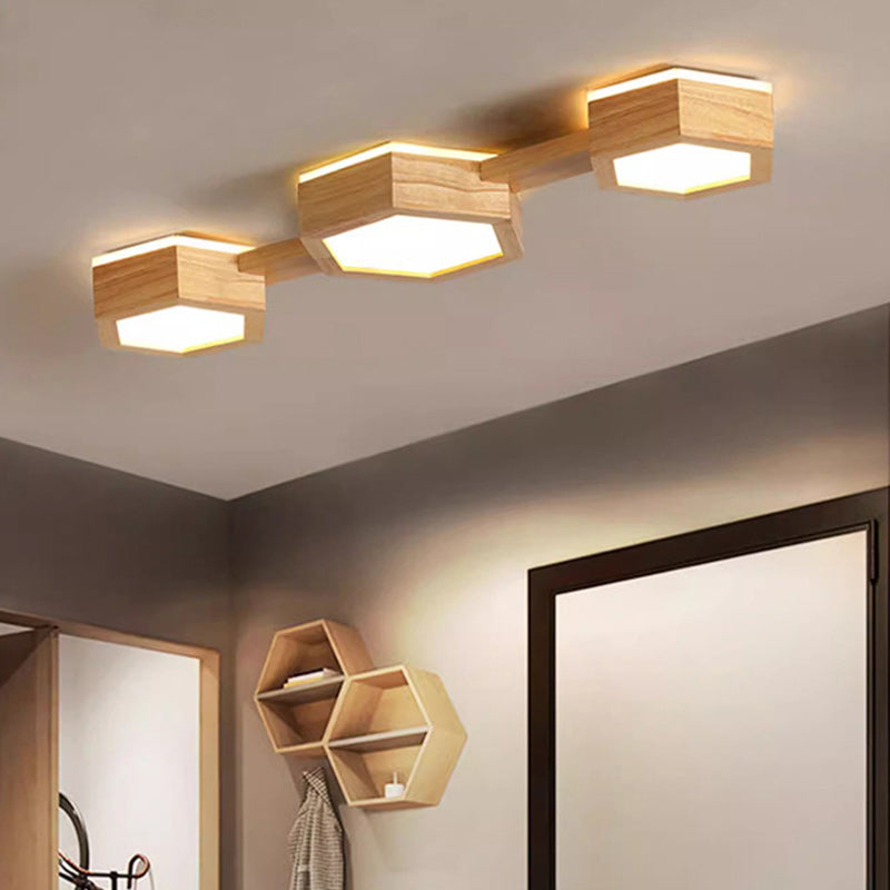 Modern Minimalist Hexagonal Solid Wood Metal LED Flush Mount Ceiling Light For Bedroom