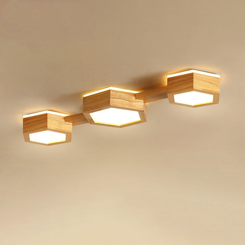 Modern Minimalist Hexagonal Solid Wood Metal LED Flush Mount Ceiling Light For Bedroom