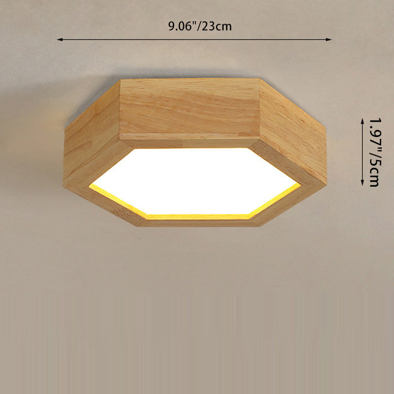 Modern Minimalist Hexagonal Solid Wood Metal LED Flush Mount Ceiling Light For Bedroom