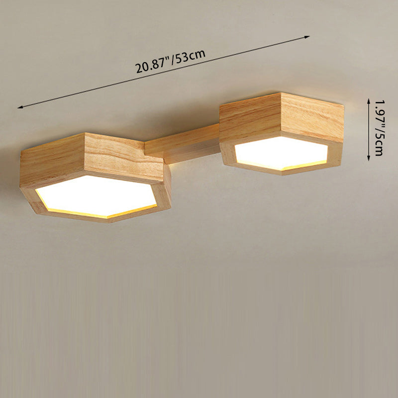 Modern Minimalist Hexagonal Solid Wood Metal LED Flush Mount Ceiling Light For Bedroom