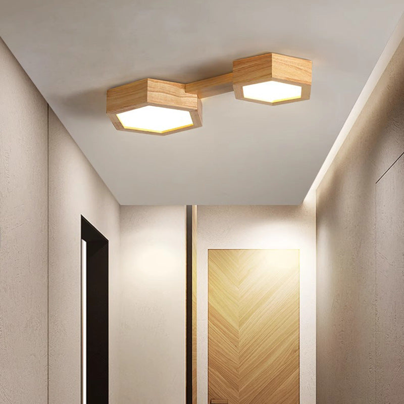 Modern Minimalist Hexagonal Solid Wood Metal LED Flush Mount Ceiling Light For Bedroom