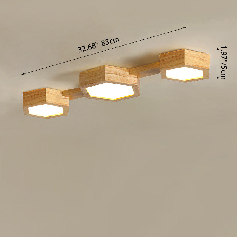 Modern Minimalist Hexagonal Solid Wood Metal LED Flush Mount Ceiling Light For Bedroom