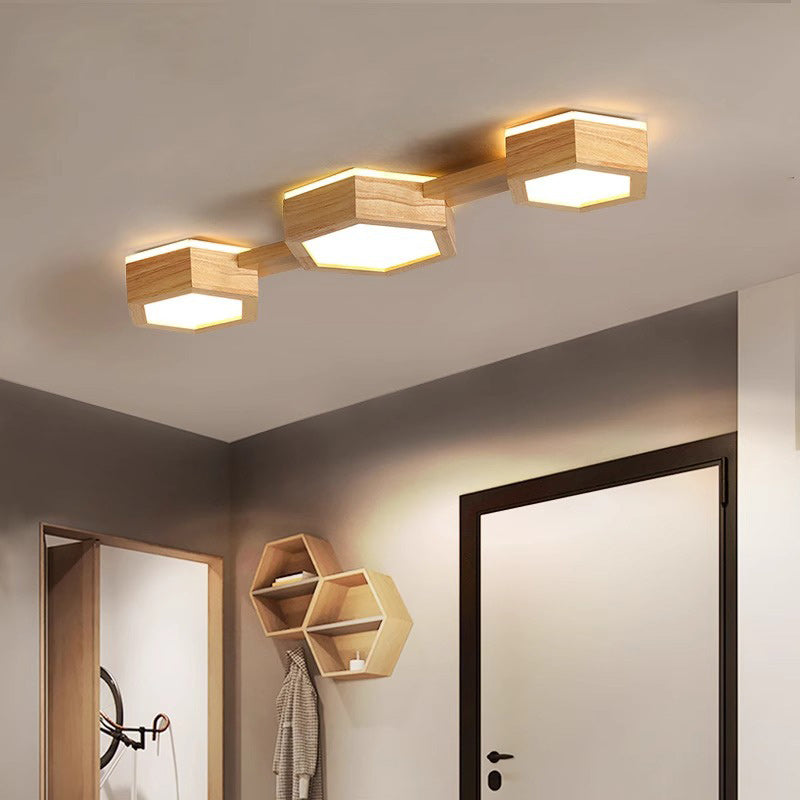 Modern Minimalist Hexagonal Solid Wood Metal LED Flush Mount Ceiling Light For Bedroom